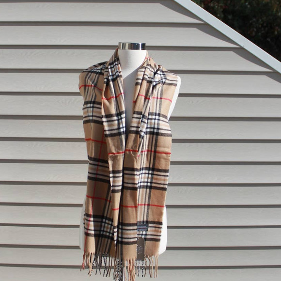 Janice Apparel Women's Faux Cashmere Scarf Classic Tan Plaid Tartan Fringe - Picture 10 of 11